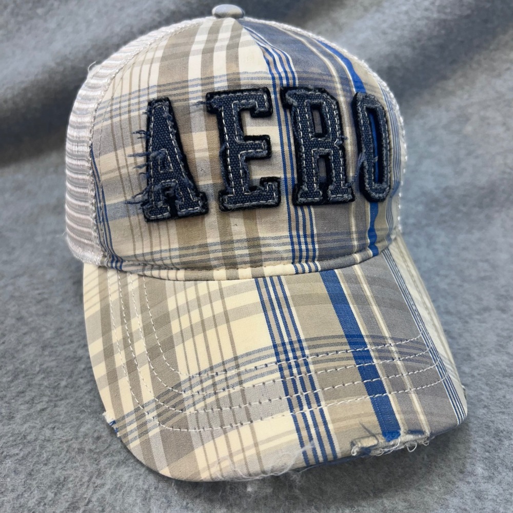 Aeropostale AERO Plaid Mens Blue Trucker Hat Distressed Snapback OSFM
